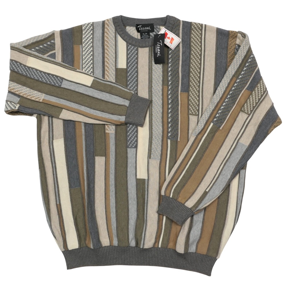 Tosani Canada Mens XL Textured 3D Knit Sweater Cotton Earthy Patchwork Vtg NWT